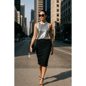 Maje Paris Silver Sequin Top with Satin Sides — Size 3 (US 8–10)